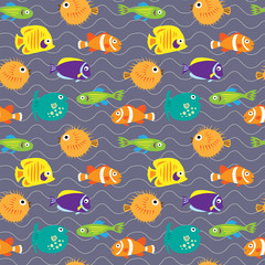Naklejka na ściany i meble Seamless pattern with fish on the waves