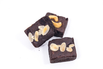 Pile of brownies isolated on white. brownies on white background. brownies almond.