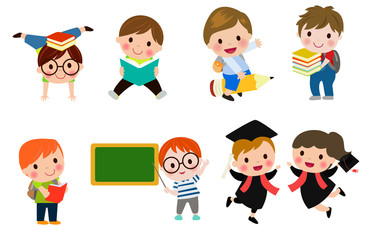 Kids go to school, back to school, Cute cartoon children, happy children, Vector Illustration.