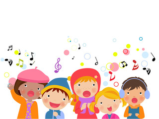 Group of kids chorus singing Christmas songs. Vector illustration