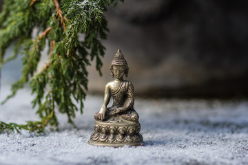 Buddha and branch of fir-tree in the snow.
