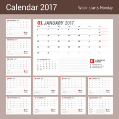 Calendar Template for 2017 Year. Stationery Design. Week starts Monday. Business Planner Template with Place for Company Logo and Contact Information. Set of 12 Months. Vector Illustration