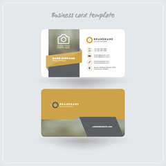 Golden and Gray Business Card Print Template. Personal Visiting Card with Company Logo. Clean Flat Design. Rounded Corners. Vector Illustration. Business Card Mockup with Shadows