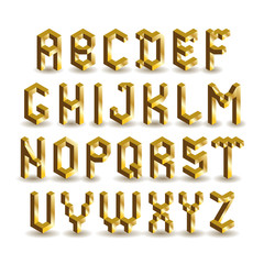 Golden isometric font. Gold characters. 3d abc