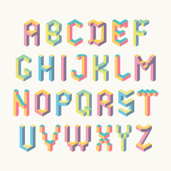 Colorful characters in memphis style. Isometric alphabet.