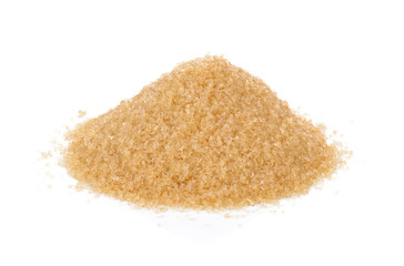 Crystals cane sugar heap close up isolated on white