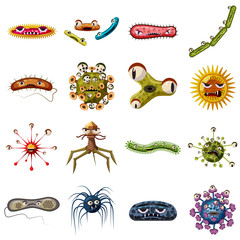 Virus bacteria faces icons set. Cartoon illustration of 16 virus bacteria faces vector icons for web