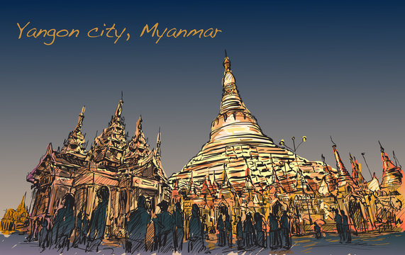 sketch cityscape of Yangon, Myamar image of Shwedagon pagoda, fr