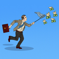 Pop Art Businessman Catching Flying Money. Vector illustration