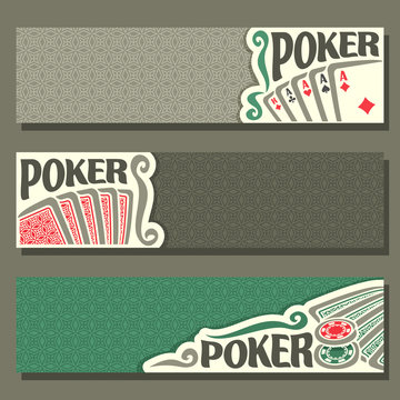 Vector logo of holdem Poker, playing cards back for gambling game on green texture felt table in casino club, cover banner for pokers gamble games, in header card set hand: four of kind, token chips.