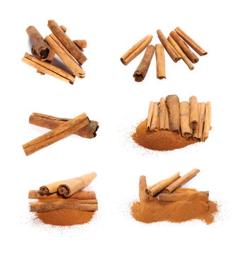 set cinnamon sticks and powder isolated on white background