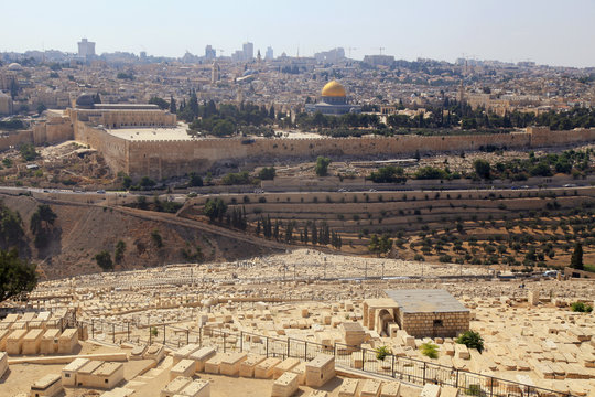 Judaic graves and panoramic view over Jerusalem, Israel
