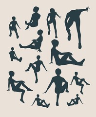 Sporty woman sits on a floor. Short hair girl silhouette collection