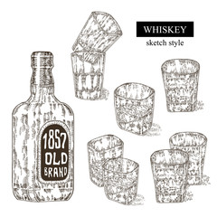 Fototapeta na wymiar Whiskey drink set. Hand drawn bottle and glass of whiskey. Engraved