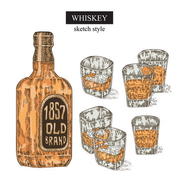 Whiskey drink set. Hand drawn bottle and glass of whiskey. Engraved