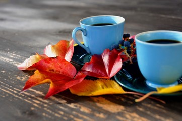 two blue cups of coffee on rustic wooden table decorated with colorful leaves