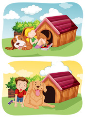 Obraz na płótnie Canvas Kids with their pet dog in garden