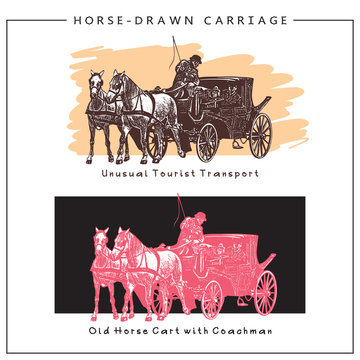 Vector Illustration of Horse-drawn Carriage, Horse Cart with Coachman and Two Horses. Colored vector image.