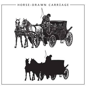 Vector Illustration of Horse-drawn Carriage, Horse Cart with Coachman and Two Horses. Isolated monochrome image and silhouette.