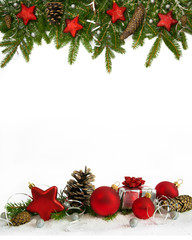 Christmas decoration  four-fifths with balls, stars, cones and gift on white background.