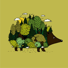 Hedgehog and forest. Illustration of nature with optic illusion