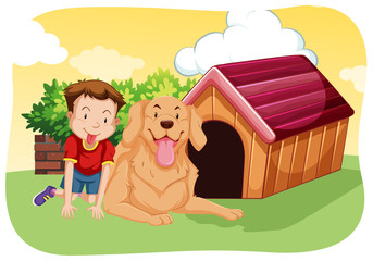 Fototapeta premium Boy and dog on the grass