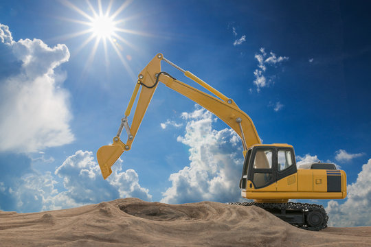 Excavator model  with sky and sunlight backgrounds