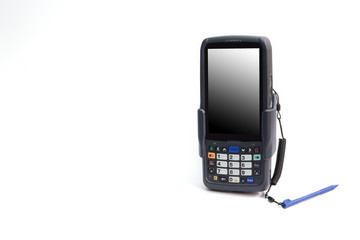 Handheld laser barcode scanner reader with blank isolated screen. Isolated on white background