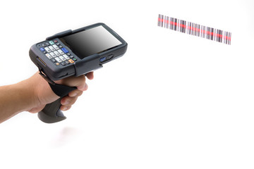 Male hands using a hand held barcode scanner Enterprise Digital Assistant computer.