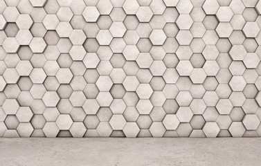 Wall of concrete hexagons and concrete floor.