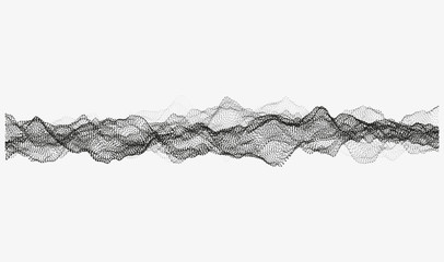 Abstract wavy structure made of shuffled round particles. Swarm of dots. Random rippled monochrome curved shape. Modern vector illustration. Element of design.