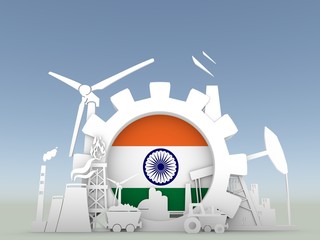 Energy and Power icons set with India flag. Sustainable energy generation and heavy industry. 3D rendering