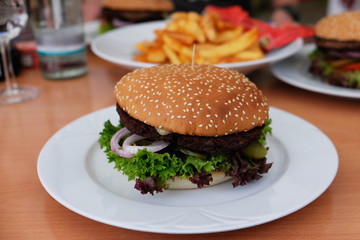  Im Bild: Ein paar selbst gemachte Hamburger mit einer Portion Pommes Frites serviert auf einem Teller . 