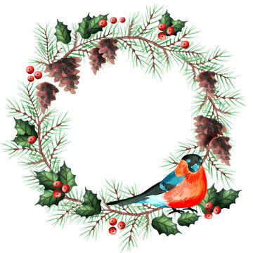 Wreath with bullfinches and fir cone. Watercolor template