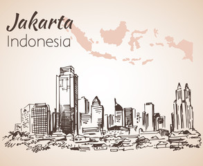 Jakarta cityscape sketch with map. Isolated on white background