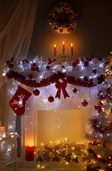 Christmas Fireplace in Night Lights Interior, Xmas Home Room Decoration