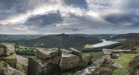 Panorama landscape view from Bamford Edge in Peak District towar