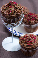 chocolate coffee cupcakes with butter cream on a white pedestal 