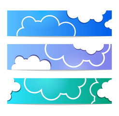 Cloud vector banner set white color on blue background. Sky flat