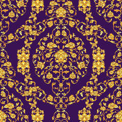 Vector ornate seamlesspattern in Eastern style on deep violet background. Ornamental vintage floral decoration for wedding invitations and greeting cards. Traditional gold decor.