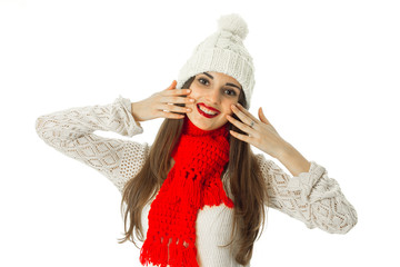 brunette girl in warm sweater and red scarf