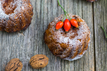 Top View on Pumpkin cake with rose hip