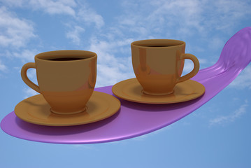 3D-Rendering von zwei goldenen Kaffeetassen, die auf einem rosa Ding stehen - kombiniert mit einem Foto eines blauen den Himmels