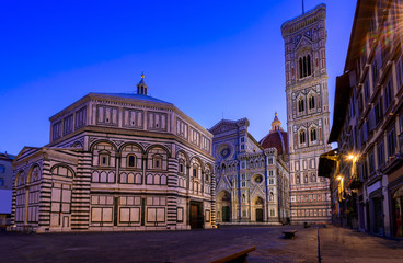 Florence Cathedral of Saint Mary of the Flower (Florence Duomo), Florence Giotto's Campanile and Florence Baptistery at night in Florence, Italy