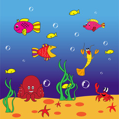 Fish, lobster, octopus, crab on the ocean floor.