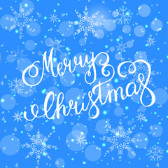 Merry christmas handwritten text on background with snowflakes.