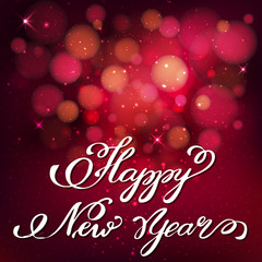Fototapeta na wymiar Happy New Year, Handwritten Typography on dark pink bokeh backgr