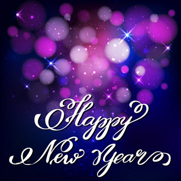 Happy New Year, Handwritten Typography on dark piurple bokeh bac