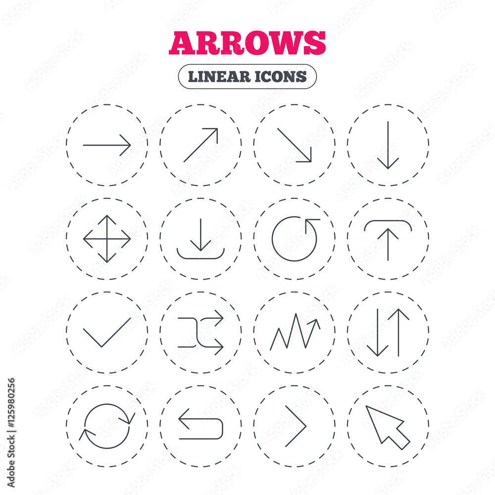 Poster arrows line icons. download, upload, check or tick symbols. refresh, fullscreen and shuffle thin out