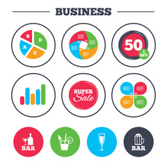 Business pie chart. Growth graph. Bar or Pub icons. Glass of beer and champagne signs. Alcohol drinks and cocktail symbols. Super sale and discount buttons. Vector